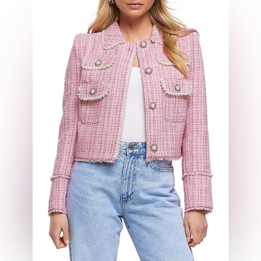 River Island Pink Bouclé Embellished Cropped Tweed Blazer